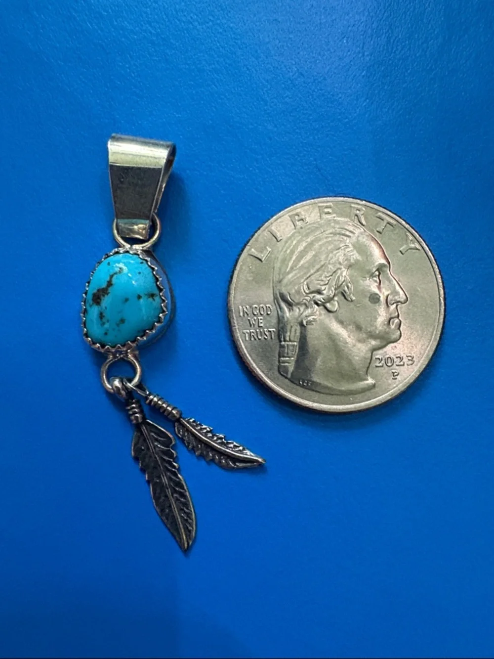 Navajo A. Johnson Made Sterling Silver & Turquoise Feather Pendant - Picture 4 of 5